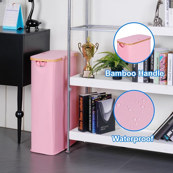 efluky Slim Laundry Basket with Lid, Narrow Laundry Hamper with Removable Bag, Skinny Dirty Clothes Basket with Bamboo Handles for Bathroom, Bedroom & Laundry Room, 63L Pink - Image 3