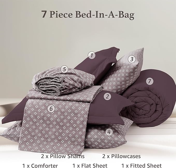 Monbix King Size Comforter Set - 7 Pieces ltalian Plum Prewashed Bed in a Bag King Bedding Sets with Comforters, All Seasons Ultra Soft Comforter Bed Set with Sheets,Pillowcases & Shams