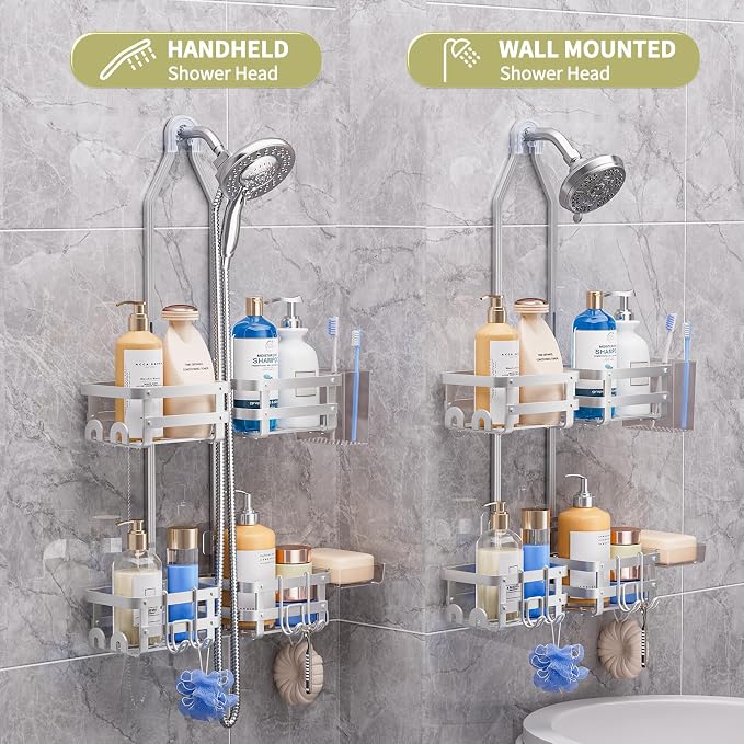 GAOKASE Aluminum Shower Caddy Hanging, Never Rust Shower Organizer- 4 Levels with adjustable Height 10 Hooks for Razor/Sponge - Rack with Soap Basket (Silver) - Image 7