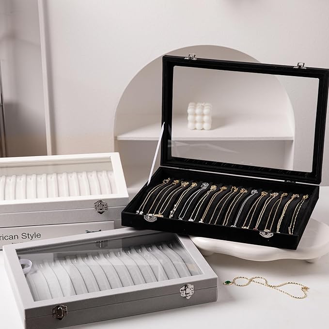 Frebeauty 15 Hooks Necklace Tray Velvet Neckalce Organizer with Clear Lid Lockable Necklace Holder Box Jewelry Organizer for Pendants Chains Necklace Jeweley Tray for Women Girls(Grey) - Image 7