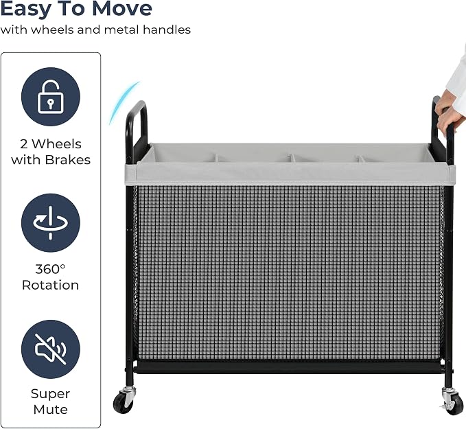 STO STO Laundry Hamper 4 Section, 140L Rolling Laundry Sorter Cart with Removable and Washable Liner Bag, Clothes Hamper with Wheels and Metal Handle for Laundry Room and Bedroom, Gray - Image 7