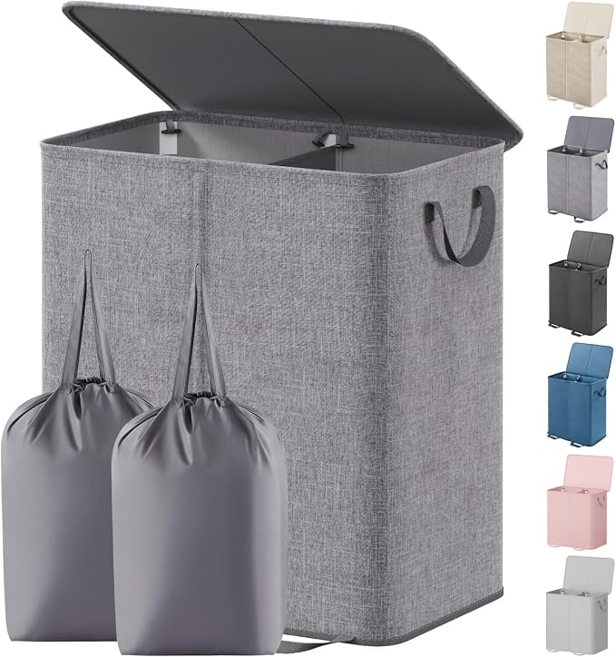 Lifewit Double Laundry Hamper with Lid and Removable Laundry Bags, Large Collapsible 2 Dividers Dirty Clothes Basket with Handles for Bedroom, Laundry Room, Closet, Bathroom, College, 136L Gray by Lifewit