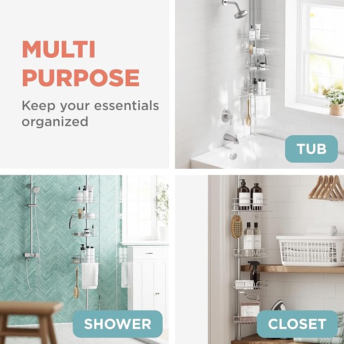 Zenna Home Tension Pole Shower Caddy Corner Organizer, Adjustable Standing Shower Caddy with 4 Baskets and Built in Towel Bar, Rust Resistant Bathroom Tension Rod Organizer, 60 to 97 Inch, Chrome - Image 7