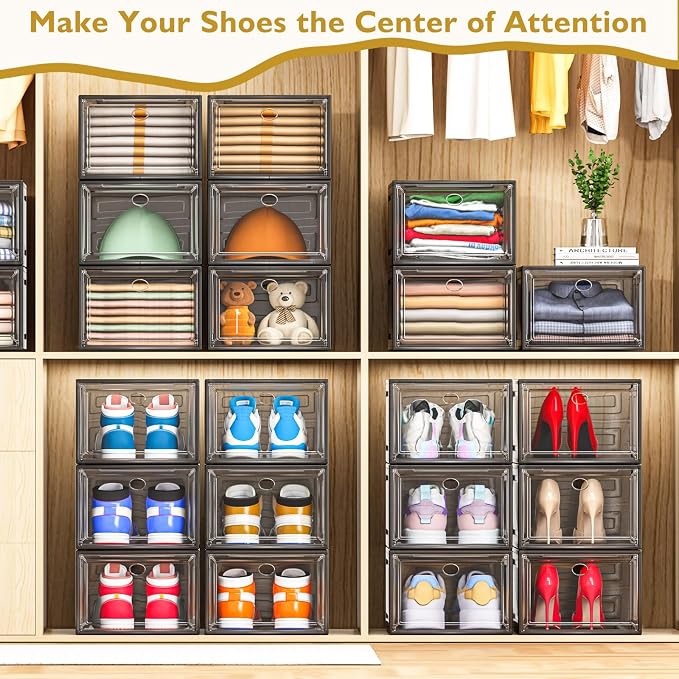 12 Pack Clear Shoe Storage Organizer with Magnetic Door, Stackable Plastic Shoe Boxes for Sneakers, Boots, and Heels, Space-Saving Foldable Shoe Rack for Closet, Durable Shoe Cabinet Organizer, Black - Image 2