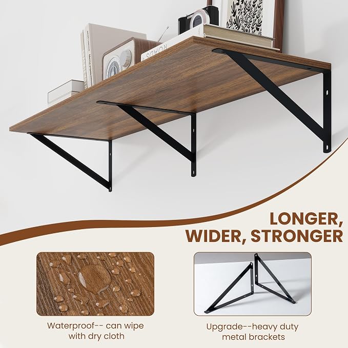 Heimlove 12 Inch Deep Floating Shelves for Wall, 36W x 12D Wood Wall Shelves Set of 2, Walnut Wide Floating Bookshelf for Living Room, Kitchen, Office, Bedroom, with Black Metal Bracke - Walnut - Image 5