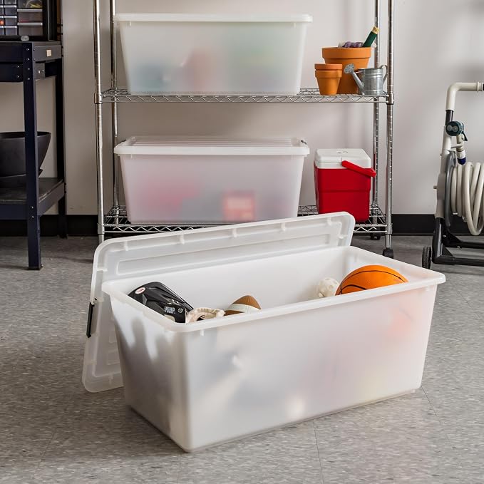 IRIS USA 91 Qt Stackable Plastic Storage Bins with Lids, 4 Pack - BPA-Free, Discreet Organizing Solution, Latches, Durable Nestable Containers, Secure Pull Handle, Made in USA - Pearl - Image 5