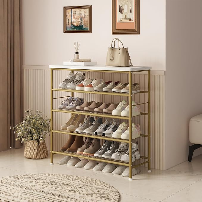 SUOERNUO Shoe Rack Organizer 5 Tier for Closet Entryway Free Standing Metal Storage Shoe Shelf with MDF Top Board，Gold - Image 2