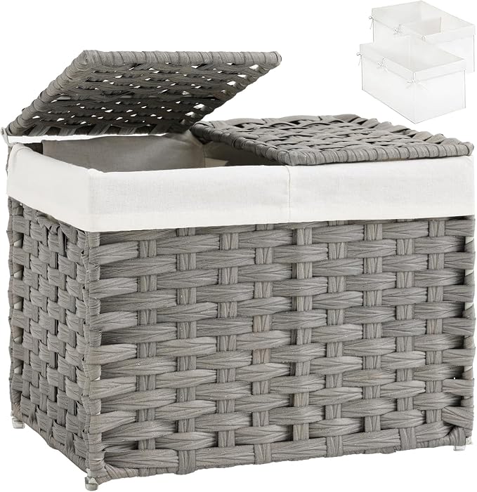 SETVSON Storage Basket with Lid Woven Wicker Baskets with 2 Separate Lid, 9.2 Gallon (35 L) Wicker Storage Bins with Handles, Foldable and 2 Removable Liner Bags for Bedroom, Laundry Room Gray by SETVSON