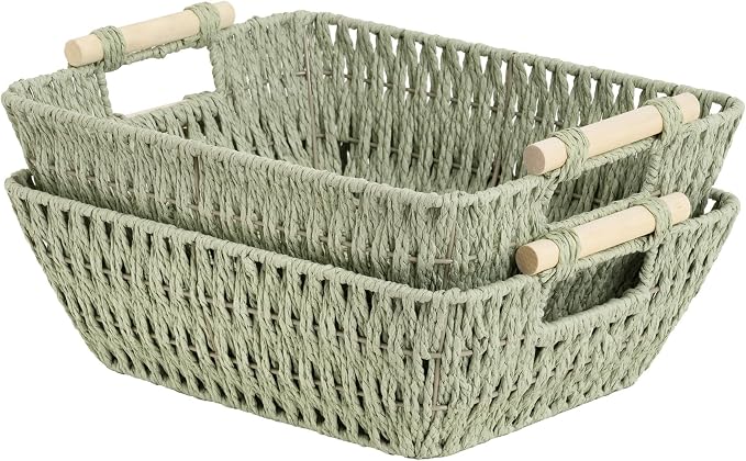StorageWorks Large Wicker Storage Basket for Organizing with Wooden Handles, Toilet Paper Baskets for Shelf, Bosana Green, 2-Pack by StorageWorks