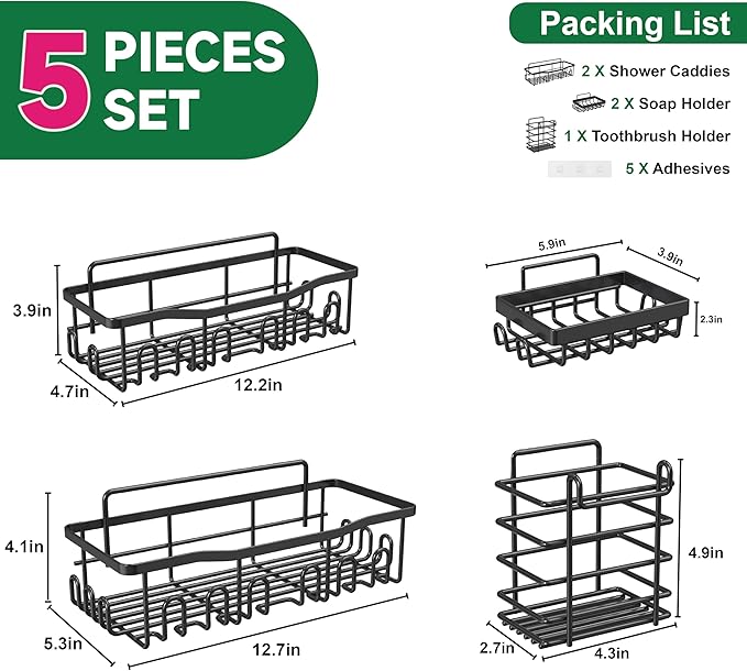 Shower Caddy 5 Pack Rustproof Stainless Steel Bath Organizers With Large Capacity, No Drilling Shelves, Adhesive Shower Caddy, for Bathroom Storage & Home Decor, SC02, Black - Image 5