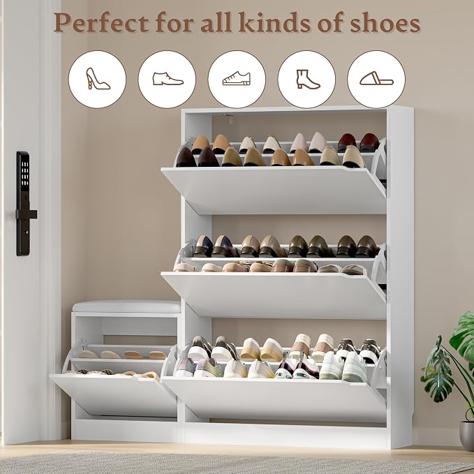 BORNOON Shoe Cabinet with Bench and 3 Flip Drawers, Slim Narrow Shoe Storage Cabinet, Freestanding Shoe Rack Organizer with Adjustable & Removable Shelves, Anti-Tip for Entryway, Hallway, Foyer - Image 4