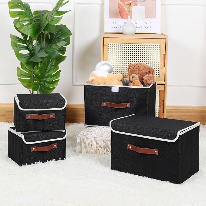 ANMINY 4PCS Storage Bins with Lid PU Leather Handles Storage Boxes PP Plastic Board Decorative Foldable Lidded Cotton Linen Fabric Home Cubes Baskets Closet Organizer Containers - Black, Small Size - Image 6