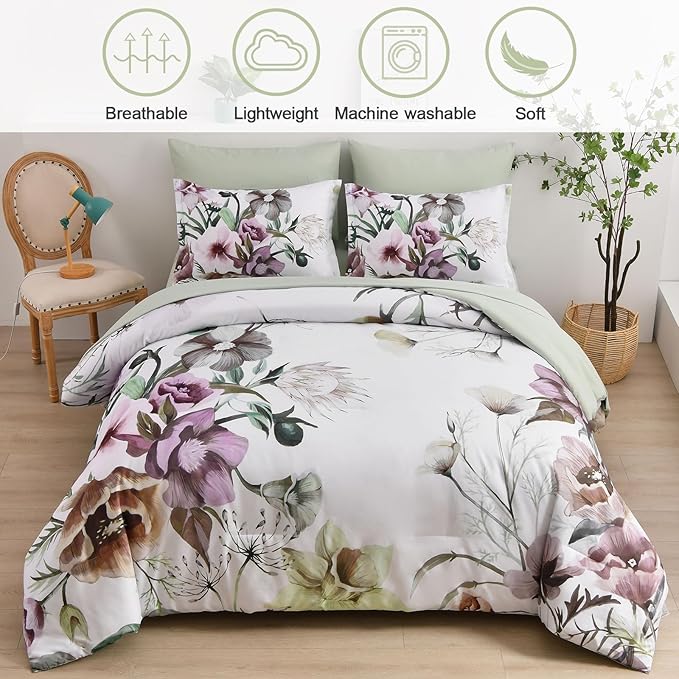 Luxudecor Floral Comforter Set Full Size 7 Piece, Green Flower Bed in a Bag, Elegant Floral Comforter with Sheet Set, Soft Microfiber Bedding Set for All Season (Green, 80"x90")