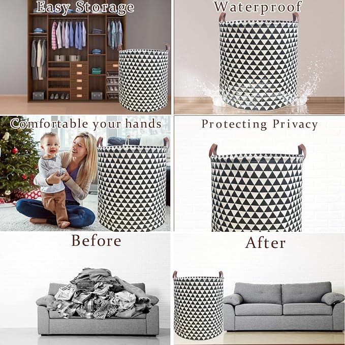 Waterproof Laundry Hamper Collapsible Laundry Basket Leather Handle Laundry Bag Large Clothes Storage Toy Organization for Bathroom Bedroom Laundryroom College Dorms (Hesan-002) - Image 3