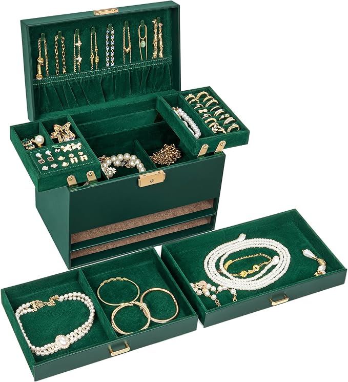 AKOZLIN Travel Jewelry Box Organizer Functional 2-trays Leather Jewelry Storage Case with Lockable Portable 2 Drawers for Women Girls Ring Necklace Earring Bracelet - Image 6