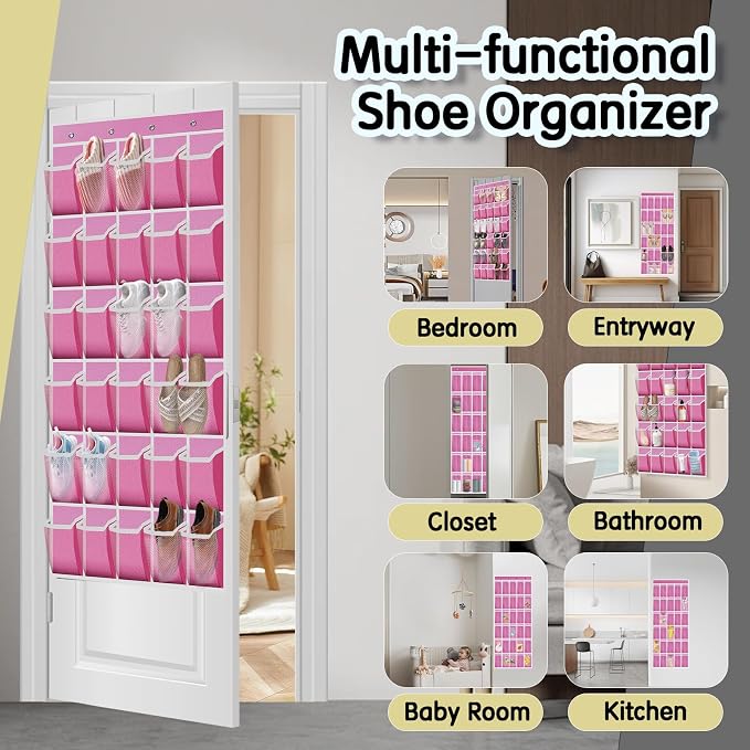 Kotkn Over the Door Shoe Organizer with 30 Breathable Mesh Pockets - Large Capacity Closet Storage for Men & Women, Hanging Shoe Rack Organizer (Pink) - Image 5