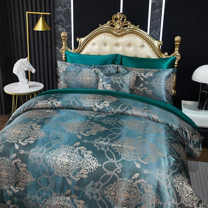 Green Jacquard Queen Comforter Set Sheet Set Elegant Bedding Set 8 Pcs Embroidery Neoclassical Floral Pattern Bed Home Decor Soft Down Comforter Luxury Hotel Silky Bed in a Bag with 1 Cushion Cover