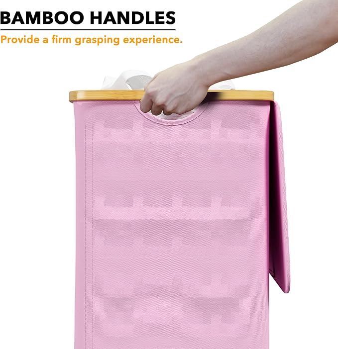 SpaceAid Laundry Hamper with Lid, 110L Large Tall Clothes Basket Bin with Bamboo Handles, Collapsible Laundry Hamper for Bedroom, Bathroom, Dorm, Laundry Room - Pink - Image 4