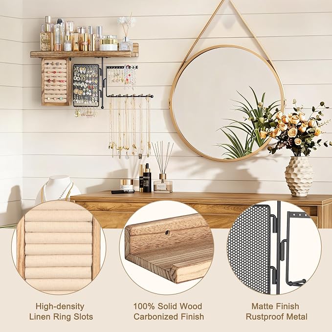 SOLIMINTR Hanging Jewelry Organizer Wall Mount with Rustic Wood Shelf, Ring Display Box, Ear Studs Earring Holder, Rotating Necklace Holder Organizer - Image 4