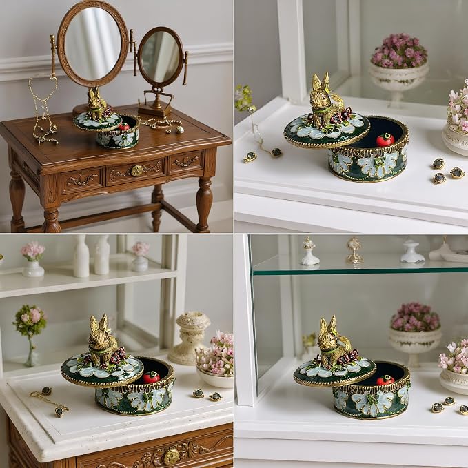 Handcrafted Rabbit Jewelry Box, Antique Gold Finish with Enamel Accents, Vintage Trinket Box for Rings and Small Keepsakes, Decorative Bunny Figurine Ornament - Image 6