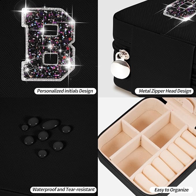 Uygafly Initials Travel Jewelry Case - Bridesmaid Gifts Wedding Day,Bridesmaid Proposal Gift,Bridal Shower Gifts,Maid of Honor Gifts,Bachelorette Party Decorations Favors | Black,B - Image 4