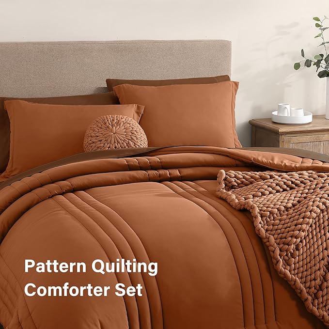 Monbix Oversized King Size Comforter Set - 7 Pieces Burnt Orange Bed in a Bag Oversized King Bedding Sets with Comforters, All Seasons Comforter Bed Set with Sheets, Pillowcases & Shams
