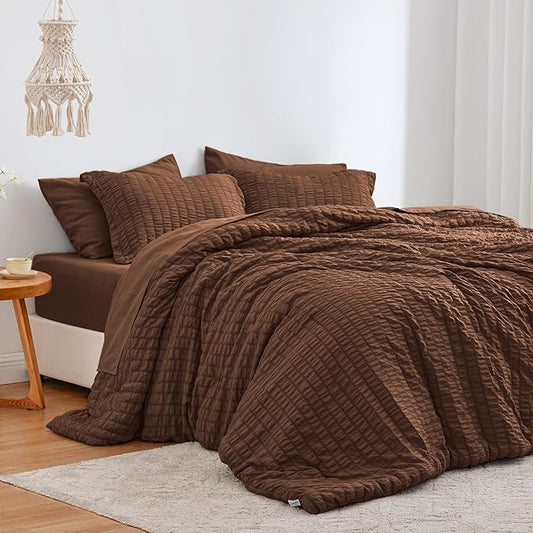 Love's cabin Seersucker Brown Queen Comforter Set, 7-Piece All Season Lightweight Bed in a Bag Bedding Set with Comforter, Flat Sheet, Fitted Sheet, Pillowcases and Shams | Soft, Breathable, Lightweight