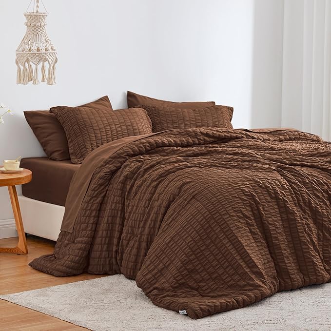 Love's cabin Seersucker Brown Twin XL Comforter Set, 5-Piece All Season Lightweight Bed in a Bag Bedding Set with Comforter, Flat Sheet, Fitted Sheet, Pillowcase and Sham | Soft, Breathable, Lightweight