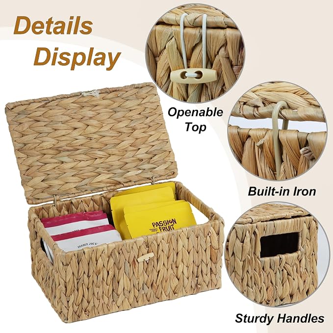 Water Hyacinth Baskets for Organizing, Rectangular Wicker Basket with Lid, Storage Baskets Bins with Built-in Handles for Shelf, Decorative Woven Basket Boxes for Storage Home Organizer Decor - Image 3