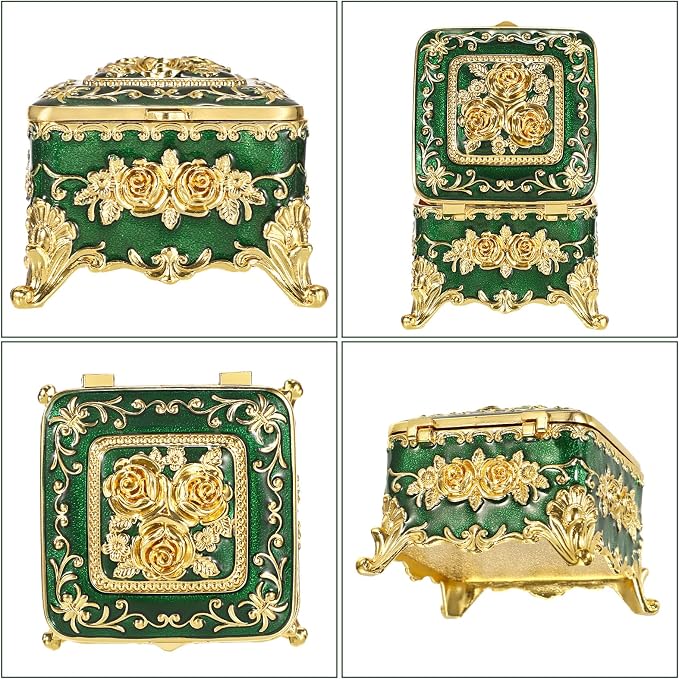 Hipiwe Vintage Jewelry Box Small Trinket Storage Organizer Box Gold Metal Chest Ring Case Treasure Chest Square Keepsake Boxes for Earrings Necklace Gift for Women,Green - Image 7