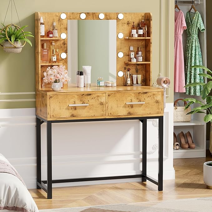 YESHOMY Vanity Desk with Mirror, Makeup Table with 2 Large Drawers, Power Outlet and Round Holder, 3 Color Modes Adjustable Bulb, Rustic Brown & Black