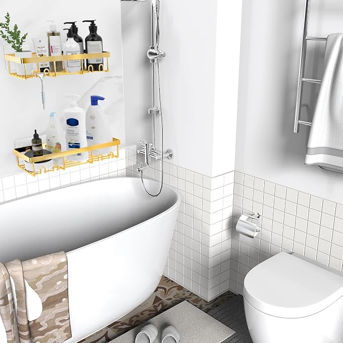 Moforoco Shower Caddy Shelf Organizer Rack, Self Adhesive Black Bathroom Shelves Basket, Home Farmhouse Wall Inside Organization and Storage Decor Rv Accessories, First Camper Apartment Essentials - Image 4