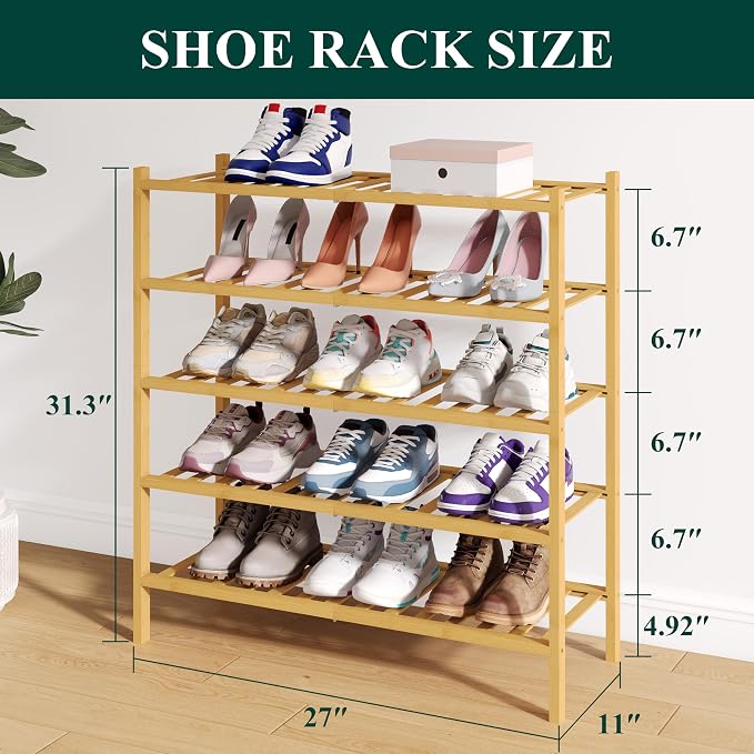 Smiry Bamboo Shoe Rack for Closet, 5 Tier Wooden Stackable Shoe Organizer, Free Standing Shoes Storage Shelf for Entryway, Front Door Entrance, Natural - Image 2
