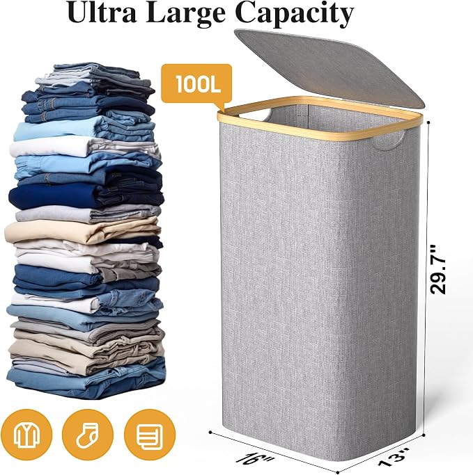 Foluck Large Laundry Hamper, 100L Waterproof Laundry Basket with Lid and Removable Bag, Collapsible Tall Clothes Hamper with Bamboo Handles for Clothes Toys in Dorm Bedroom Bathroom, Grey - Image 2
