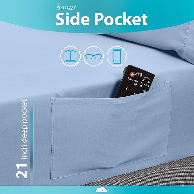 DREAMCARE King Size Sheets Set - 6 pcs Breathable Cooling Bed Sheets - up to 21" Extra Deep Pocket King Sheet Set with Side Pockets - Extra Soft 100% Brushed Hypoallergenic Hotel Luxury Bedding L-Blue
