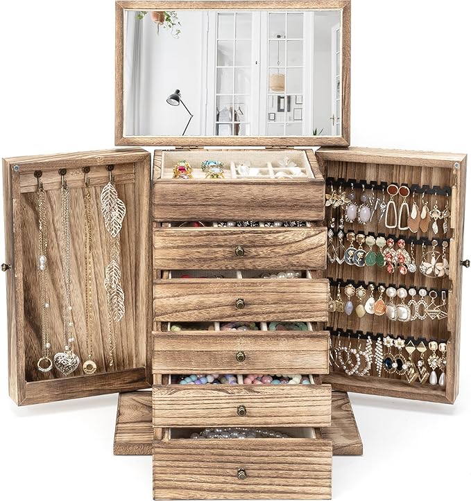 Emfogo Wooden Jewelry Box for Women, 6-Tier Large Jewelry Organizer Boxes with Mirror Rustic Solid Wood jewlery Storage Display for Rings Earrings Necklaces Bracelets watches(Carbonized Brown) by Emfogo