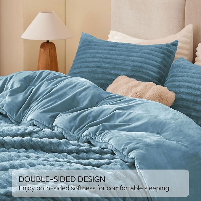 BEDELITE Fleece Full Comforter Set -Super Soft & Warm Fluffy Blue Fog Bedding, Luxury Fuzzy Heavy Bed Set for Winter with 2 Pillow Cases