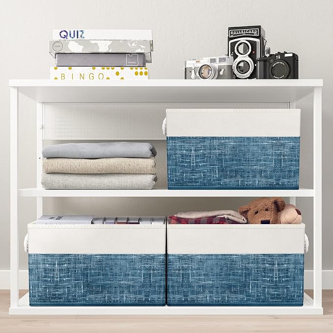 Fab totes Storage Bins [8-Pack], Foldable Storage Baskets for Organizing Toys, Books, Shelves, Closet, Large Storage Box with Rope Handles, Sturdy Organizer Bins, White & Blue - Image 5