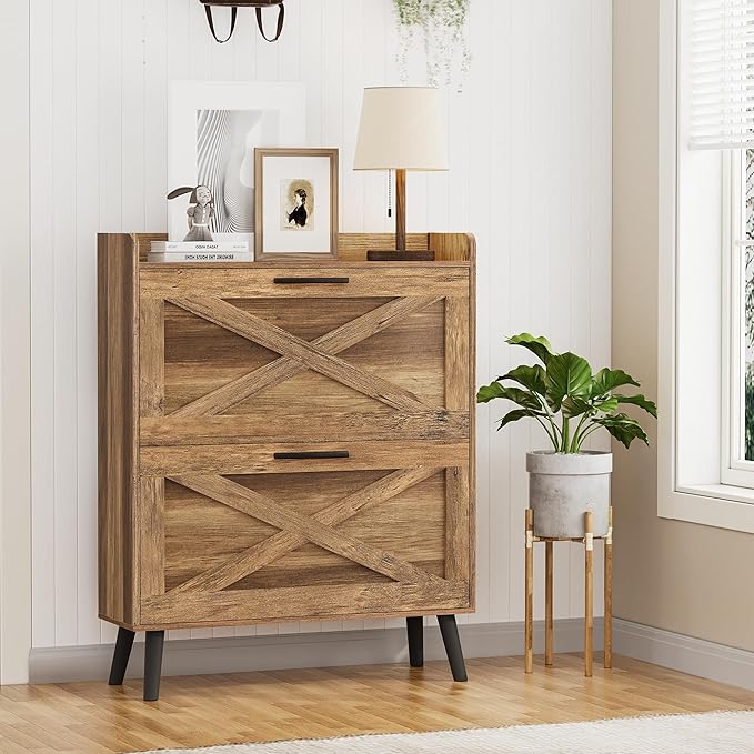 Homleke 32" W Farmhouse Shoe Storage Cabinet with 2 Flip Drawers and Barn Door Design, Adjustable Shelves, Hidden Slim Narrow Shoe Rack Cabinet for Entryway, Foyer, Hallway, Living Room, Rustic Walnut by Homleke