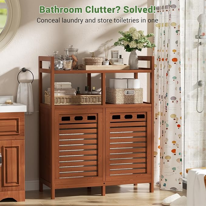 Homykic Tilt Out Laundry Hamper Cabinet, Bamboo Double Laundry Hamper with 2 Removable Laundry Baskets, 20 Gal Laundry Sorter Organizer with Shelf for Dirty Clothes, Bathroom, Laundry Room, Walnut - Image 2