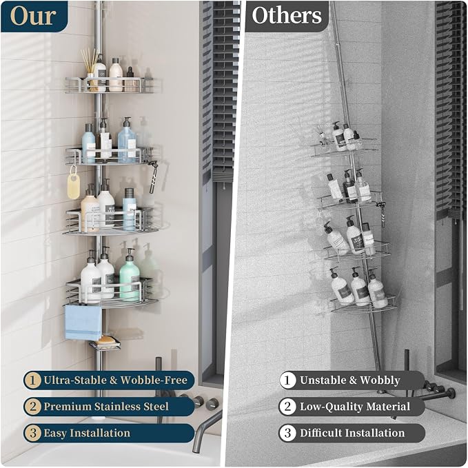 Consumest Corner Shower Caddy Tension Pole - Rustproof Shower Shelves with Towel Bar & Soap Holder, Adjustable Bath Organizer for Bathroom Storage, 27.6-108.3 inch, Silver - Image 2