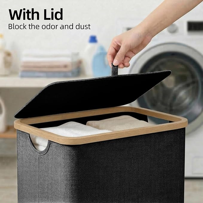 efluky Slim Laundry Basket with Lid, Narrow Laundry Hamper with Removable Bag, Skinny Dirty Clothes Basket with Bamboo Handles for Bathroom, Bedroom & Laundry Room, 65L Black - Image 2