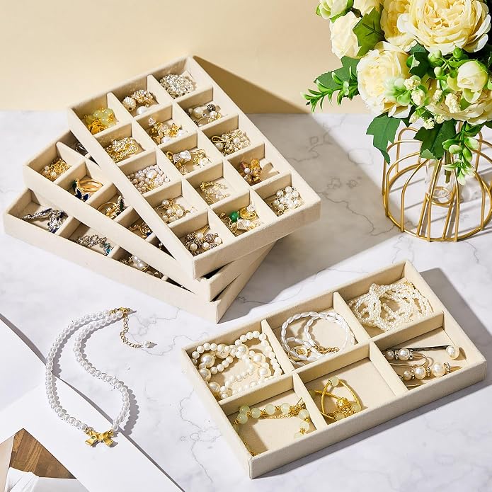 Junkin 12 Pcs Jewelry Tray Velvet Stackable Jewelry Organizer Trays Divided Earring Accessories Storage Containers Box (Rose Red) - Image 6