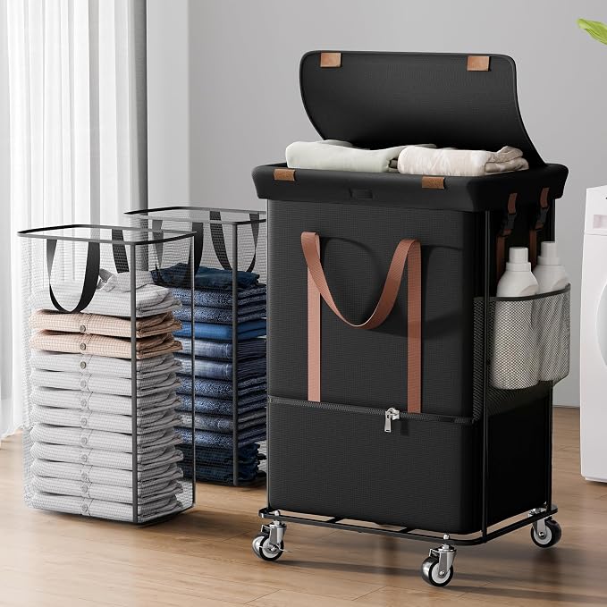 Double Laundry Hamper with Lid, Rolling Laundry Basket with Wheels and 2 Removable 75L Bags, 2 Section Large Capacity for Laundry Bedroom Bathroom Dorm, Easy Move & Organize,150L Black by Unknown