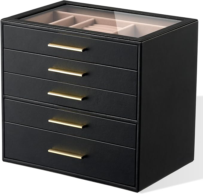pickpiff Jewelry Box Organizer Case for Women: 5-Layer Jewelry Storage Case with Glass Window, Black Leather with Blush Velvet, Holder for Ring Necklace Bracelet Brooch Watch, Great Gift for Her by pickpiff