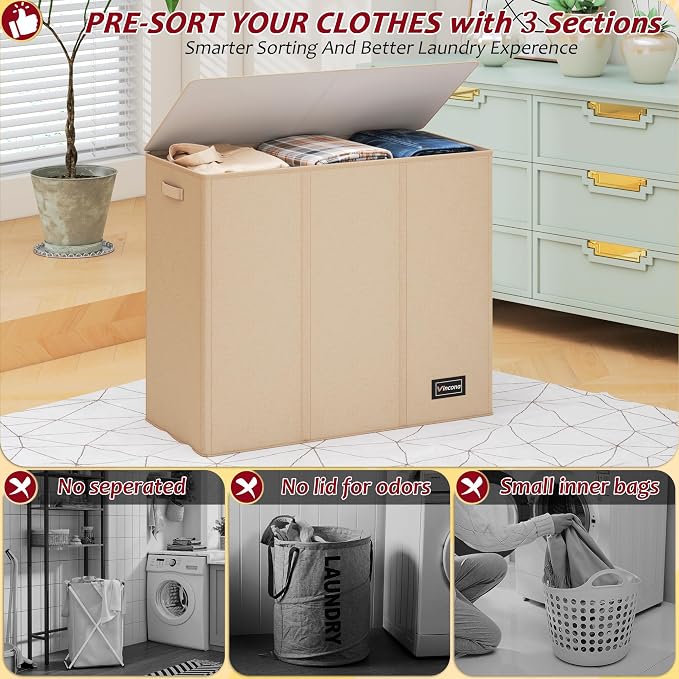 195L Laundry Hamper 3 Section,Large Laundry Hamper with Lid,Dirty Clothes Hamper with 3 Inner Bags,Collapsible Laundry Basket Organizer for Laundry Room,Bedroom,Laundry Sorter Hamper 3 Compartment - Image 3