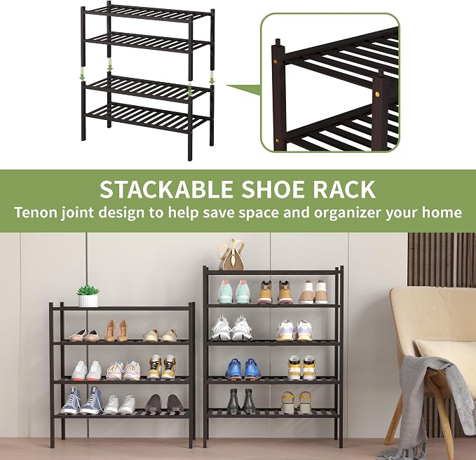ROMGUAR CRAFT 4 Tier Bamboo Shoe Rack for Closet Free Standing Wood Shoe Shelf for Entryway Small Space Stackable 27"x11"x26" (Brown) - Image 5