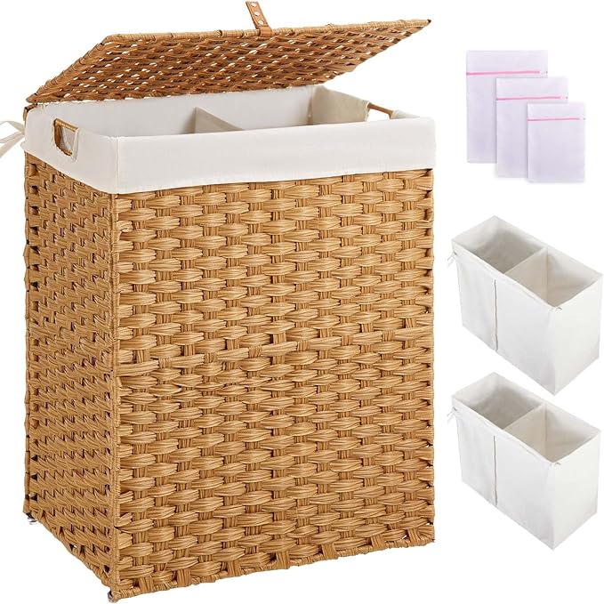 Greenstell Laundry Hamper No Install Needed, Divided Clothes Hamper with 2 Removable Liner Bags, 90L Handwoven Synthetic Rattan Laundry Basket with Lid and Handles, Foldable Natural by Greenstell