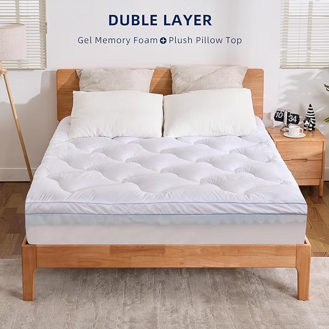 Dual Layer 4 Inch Memory Foam Mattress Topper Queen, 2 Inch Cooling 5-Zone Gel Memory Foam Plus 2 Inch Down Alternative Pillow Top Mattress Topper, with Deep Pocket, Support for Back Pain