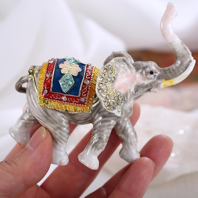Hand Painted Animal Trinket Box for Home Decor, Hinged Jewelry Organizer Storage, Unique Personalized Collectible Keepsake Figurine Handmade Decorative Ornament Gifts (Lucky Elephant) - Image 7